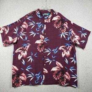 Cubavera Men Shirt 3X Burgundy Tropical Palm Leaf Viscose Button Down Resortwear